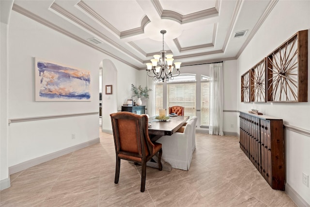 dining area with coffered ceiling, arched walkways, visible vents, and crown molding