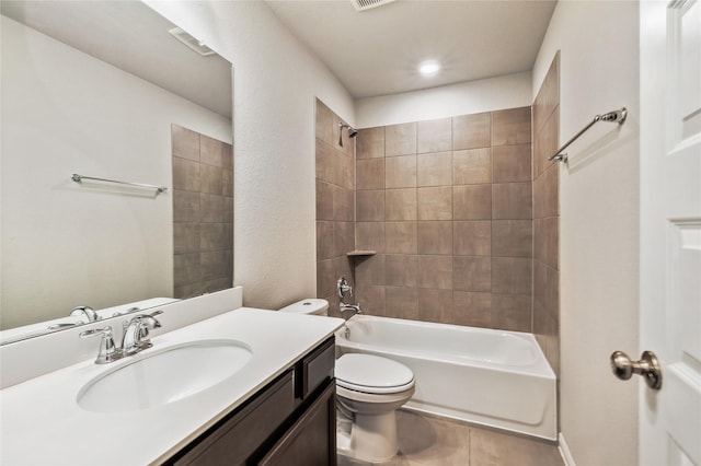 full bathroom with visible vents, toilet, shower / tub combination, tile patterned flooring, and vanity