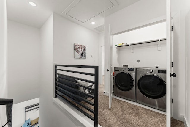 washroom featuring recessed lighting, laundry area, carpet floors, washer and dryer, and attic access