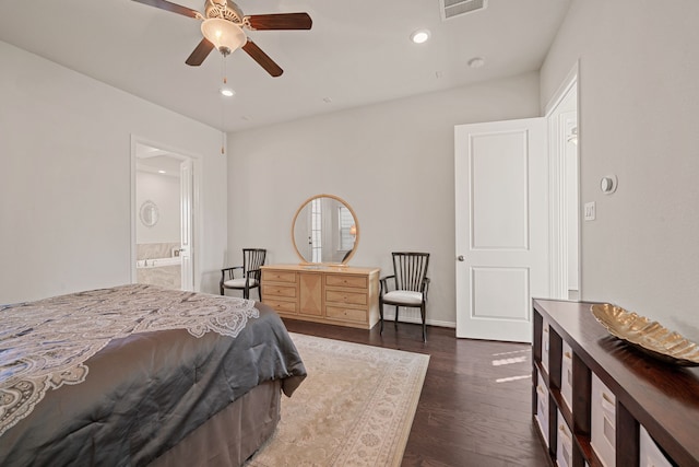 bedroom featuring ceiling fan, recessed lighting, dark wood finished floors, visible vents, and ensuite bath