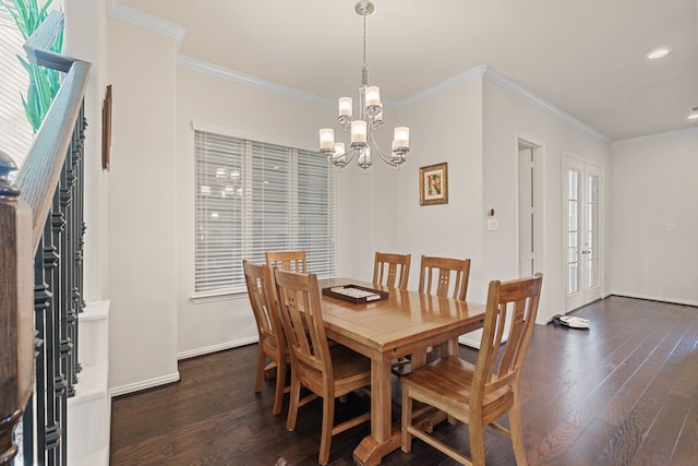 dining space with ornamental molding, stairway, dark wood finished floors, and an inviting chandelier