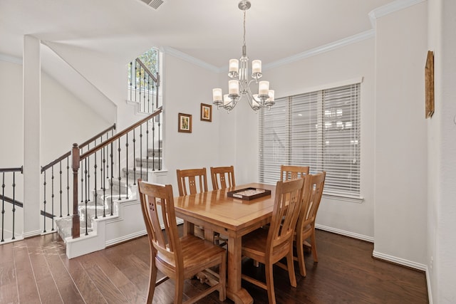 dining room with a chandelier, dark wood-style flooring, baseboards, stairs, and ornamental molding