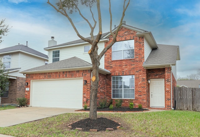 traditional home featuring concrete driveway, roof with shingles, brick siding, and an attached garage