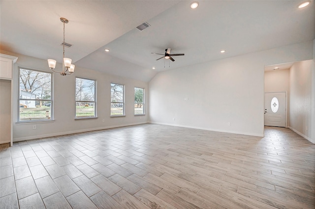 24690 Galway St, Hempstead, TX 77445 - unfurnished room featuring recessed lighting, ceiling fan with notable chandelier, visible vents, baseboards, and light wood-style floors