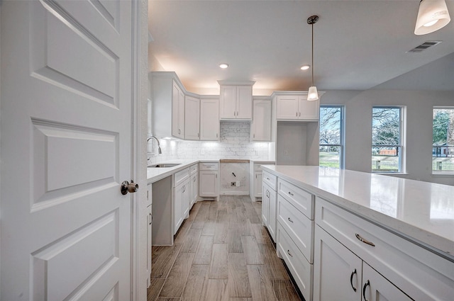 24690 Galway St, Hempstead, TX 77445 - kitchen featuring a sink, visible vents, white cabinetry, light stone countertops, and tasteful backsplash