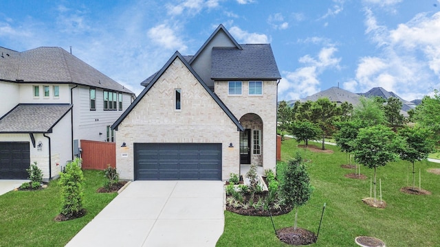 24727 Harrow Meadow Dr, Katy, TX 77493 - french country home with roof with shingles, driveway, stone siding, and a front lawn