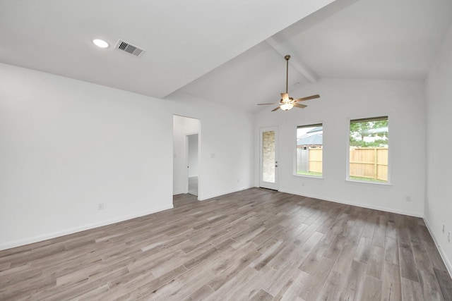 24727 Harrow Meadow Dr, Katy, TX 77493 - spare room featuring visible vents, vaulted ceiling with beams, wood finished floors, and a ceiling fan