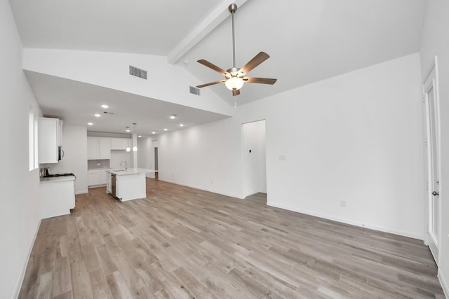 24727 Harrow Meadow Dr, Katy, TX 77493 - unfurnished living room featuring visible vents, a ceiling fan, beam ceiling, and light wood-style flooring