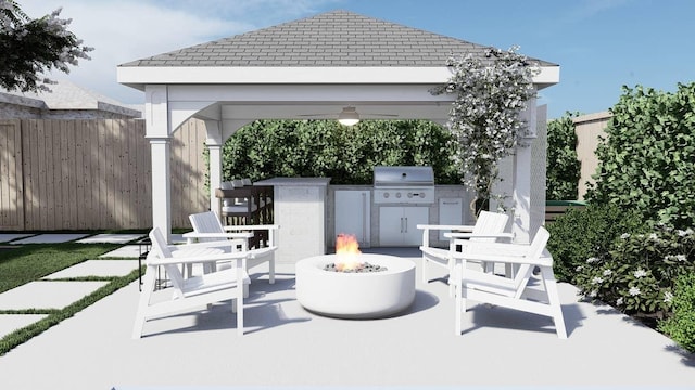 view of patio with a fire pit, area for grilling, grilling area, fence, and a gazebo