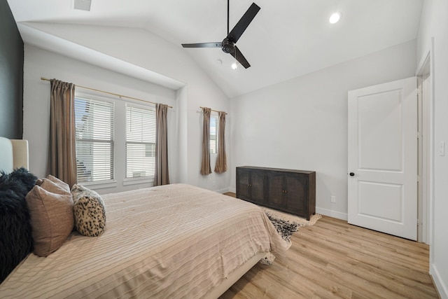 bedroom with lofted ceiling, recessed lighting, light wood-style floors, ceiling fan, and baseboards