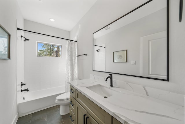 full bathroom featuring toilet, tile patterned floors, shower / bath combo, and vanity