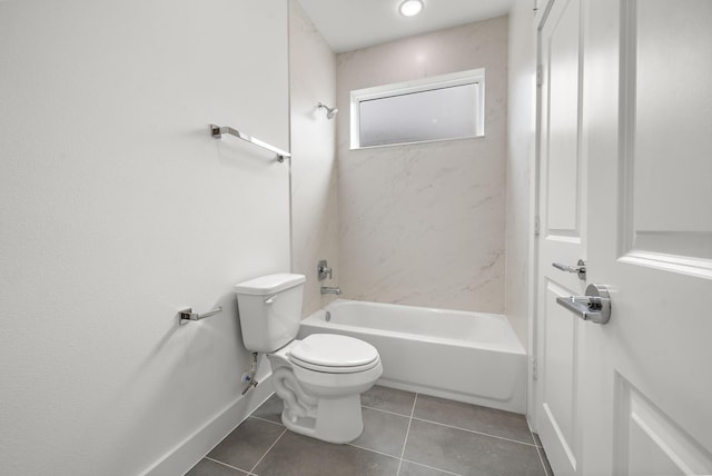 full bath with bathing tub / shower combination, tile patterned flooring, toilet, and baseboards