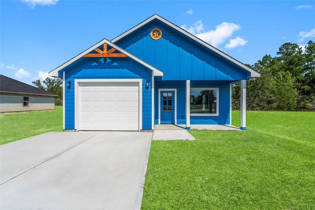 view of front of house featuring board and batten siding, a front yard, concrete driveway, and an attached garage