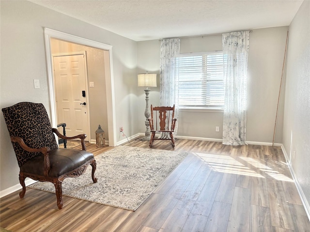 sitting room featuring a textured ceiling, wood finished floors, and baseboards