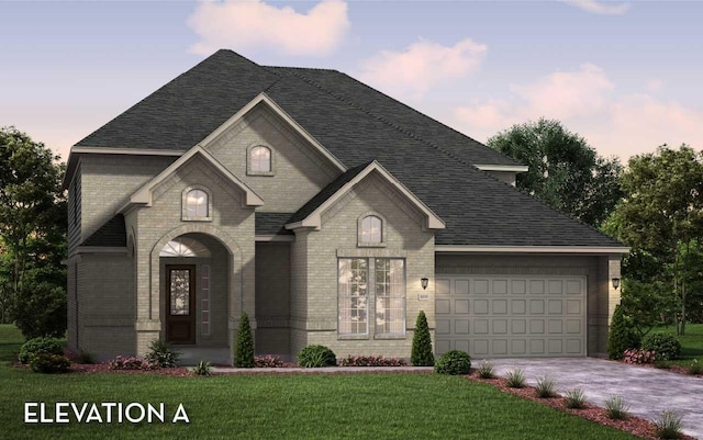 view of front of property featuring driveway, a garage, brick siding, roof with shingles, and a front yard