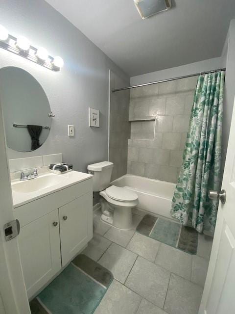 full bathroom with visible vents, vanity, shower / bath combination with curtain, and toilet