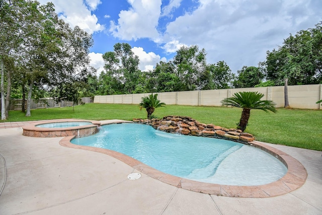 view of swimming pool featuring a patio area, a fenced backyard, a pool with connected hot tub, and a lawn