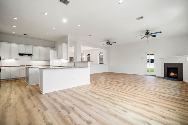 kitchen featuring light wood finished floors, visible vents, white cabinets, open floor plan, and under cabinet range hood