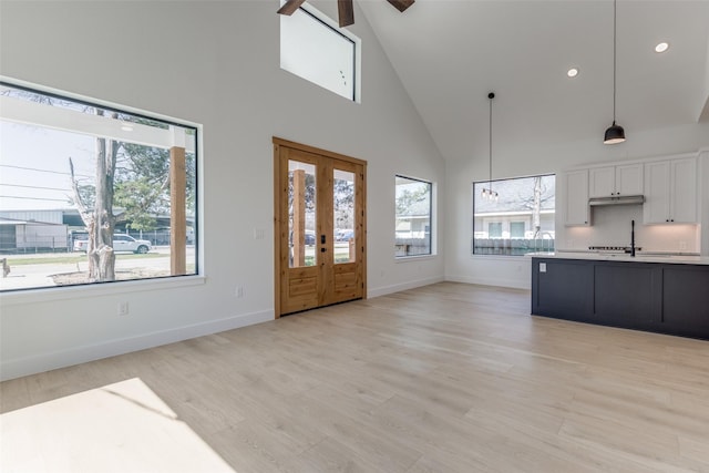 interior space with light wood-type flooring, plenty of natural light, white cabinets, and light countertops