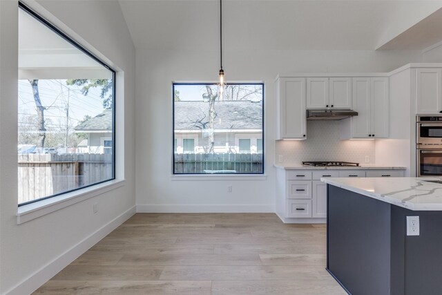 kitchen with under cabinet range hood, light stone counters, decorative backsplash, light wood-style flooring, and appliances with stainless steel finishes