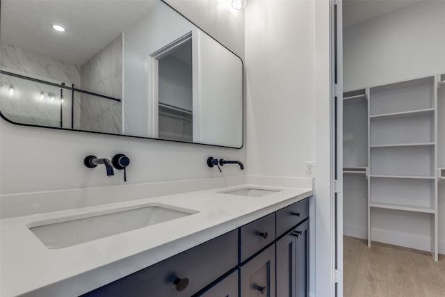 bathroom with a walk in closet, wood finished floors, and a sink