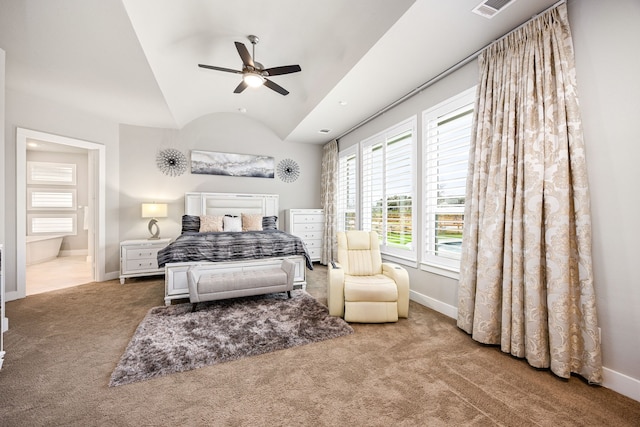 bedroom featuring lofted ceiling, carpet, visible vents, and baseboards