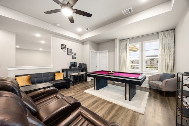 game room featuring billiards, visible vents, and wood finished floors