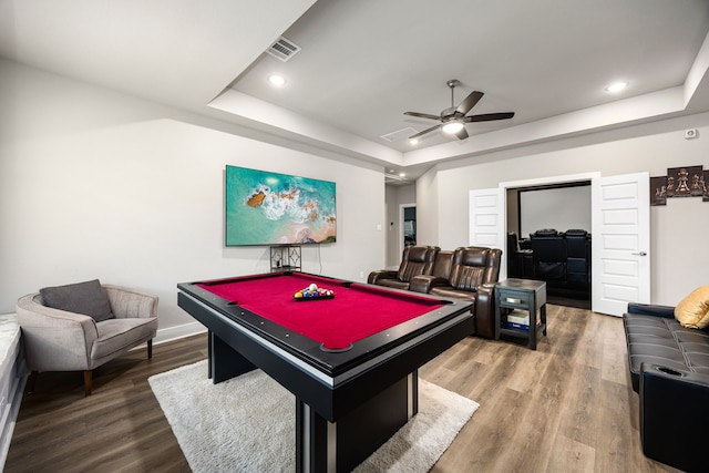 playroom with ceiling fan, pool table, wood finished floors, visible vents, and a raised ceiling