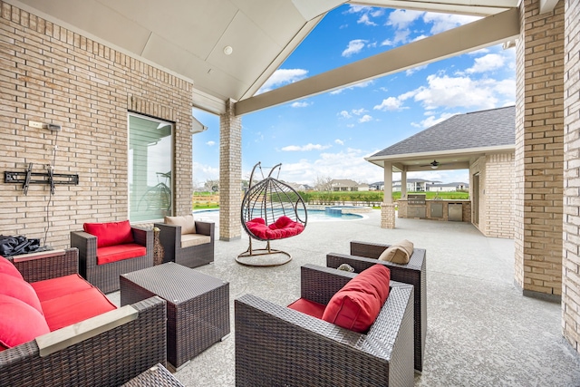 view of patio / terrace featuring an outdoor pool, an outdoor hangout area, a ceiling fan, and area for grilling