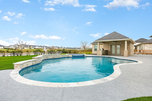 view of swimming pool with french doors, ceiling fan, a patio, and fence