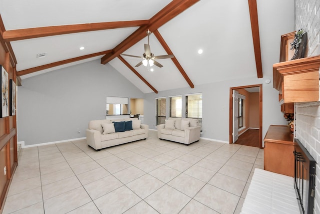 unfurnished living room with light tile patterned floors, baseboards, ceiling fan, beamed ceiling, and high vaulted ceiling