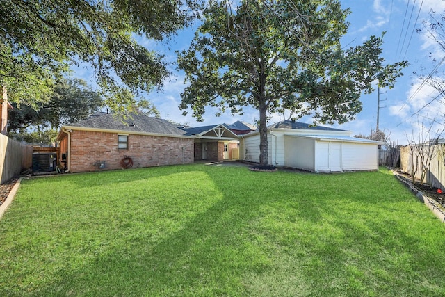 back of house with a lawn, a fenced backyard, and central air condition unit