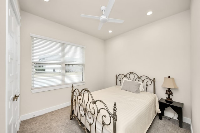 carpeted bedroom with recessed lighting, ceiling fan, and baseboards