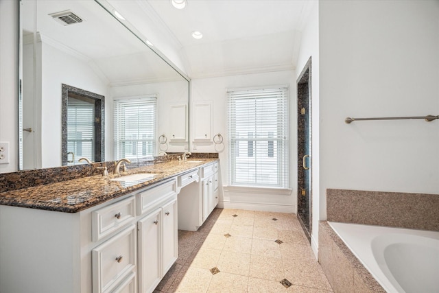 bathroom featuring double vanity, a healthy amount of sunlight, visible vents, and a sink