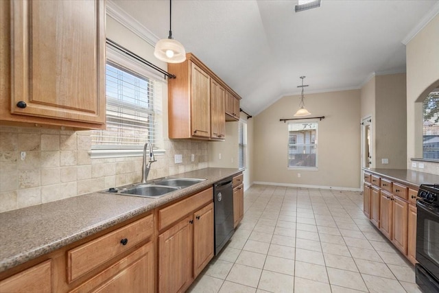 kitchen with light tile patterned floors, black appliances, a sink, and pendant lighting