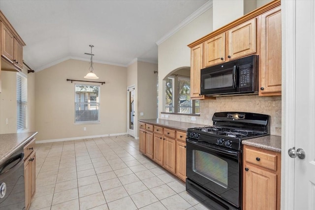 kitchen featuring tasteful backsplash, dark countertops, black appliances, and light tile patterned floors