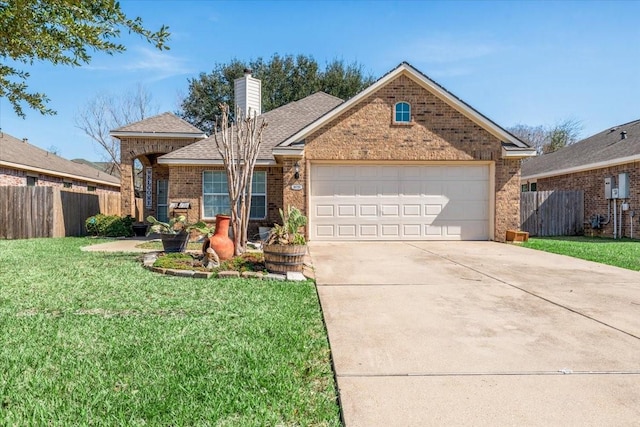 ranch-style house featuring driveway, brick siding, a front lawn, and fence