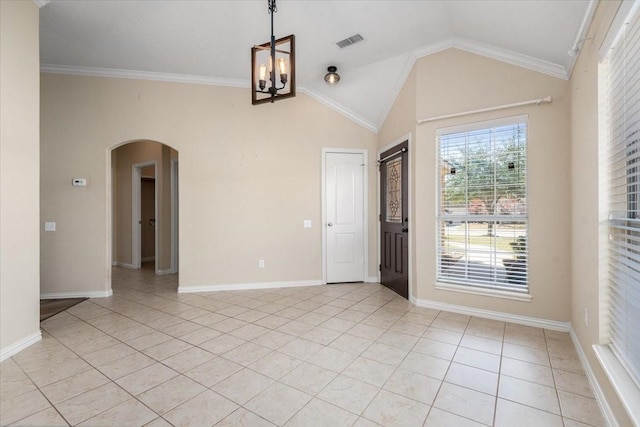 interior space featuring arched walkways, lofted ceiling, light tile patterned flooring, visible vents, and an inviting chandelier