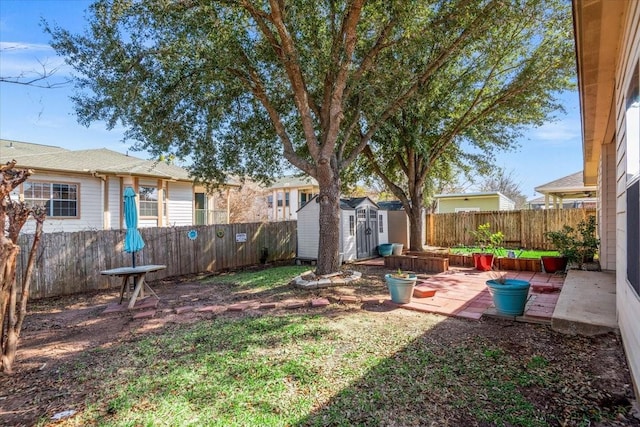 view of yard featuring a patio area, a storage unit, an outdoor structure, and a fenced backyard