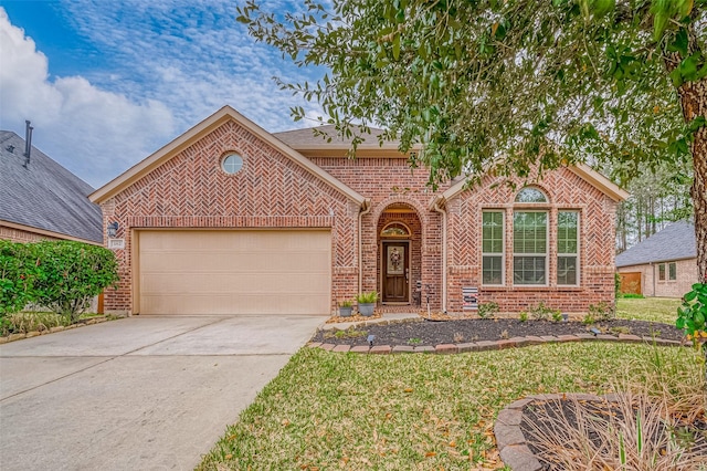 view of front of home featuring driveway, brick siding, an attached garage, and a front yard