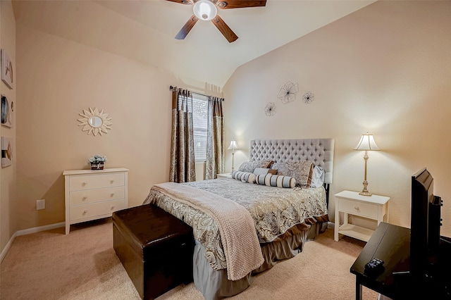 bedroom with light carpet, lofted ceiling, a ceiling fan, and baseboards