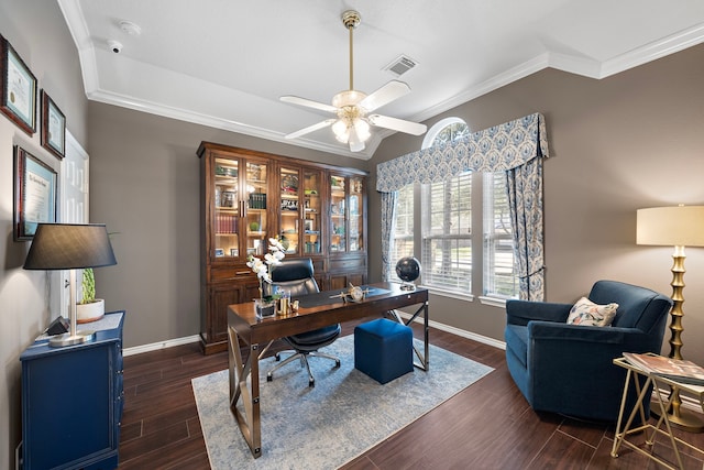 office space with dark wood finished floors, visible vents, and baseboards