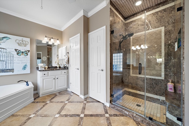 full bath with a stall shower, baseboards, ornamental molding, vanity, and a bath