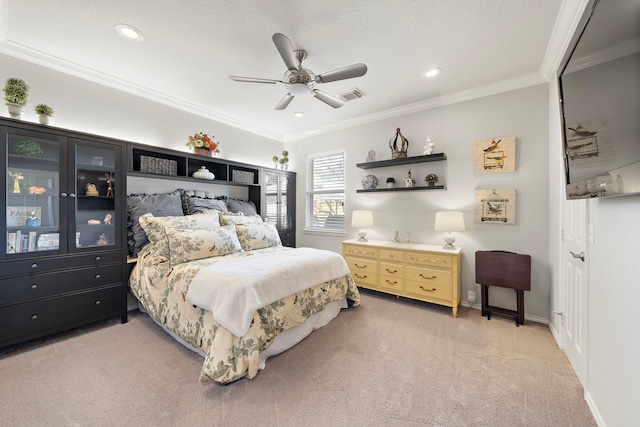 carpeted bedroom with crown molding, recessed lighting, visible vents, ceiling fan, and baseboards