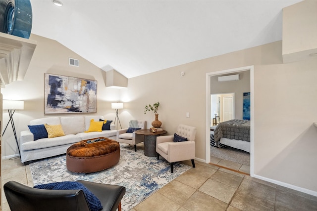 living area featuring lofted ceiling, a wall mounted AC, visible vents, and baseboards