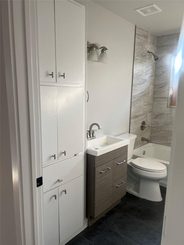 full bath featuring visible vents, toilet, shower / tub combination, tile patterned flooring, and vanity