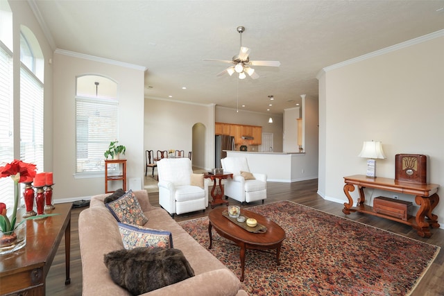 living area featuring wood finished floors, baseboards, and ornamental molding