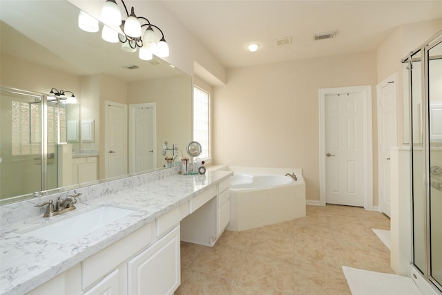 bathroom featuring visible vents, a shower stall, tile patterned flooring, a bath, and vanity