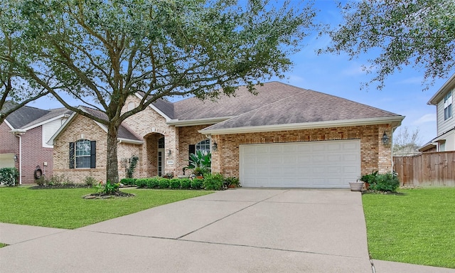 view of front of property featuring fence, a shingled roof, a front lawn, concrete driveway, and a garage