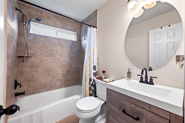 1009 Canadian St, Houston, TX 77009 - full bathroom featuring toilet, vanity, a textured wall, and shower / tub combo with curtain